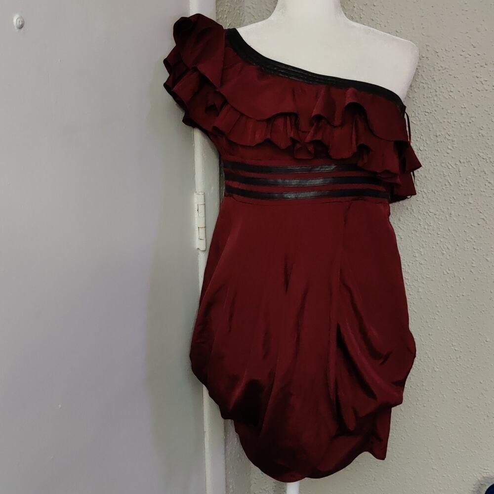 Double Zero Ruffled Burgundy Pleather One Shoulder Dress L Coquette Mall Goth